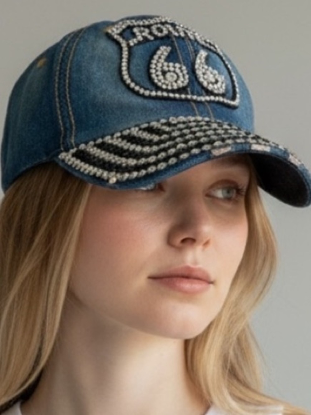 Y2k Jean route 66 crystal black bling cap hat Denim Diamonds biker Glam cowgirl